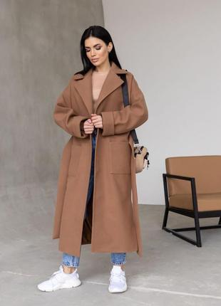 Пальто женское, миди оверсайз шерстяное демисезонное, пальто - халат длинное с поясом, бренд, карамельное2 фото
