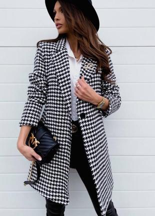 Пальто женское черное с принтом гусиная лапка оверсайз на пуговице качественное стильное трендовое
