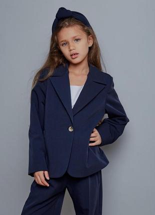 Костюм детский подростковый брючный для девочки однобортный пиджак брюки школьный темно синий5 фото