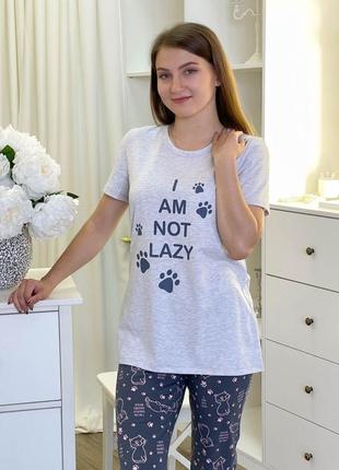 Комплект пижама брюки и футболка, котики, размеры 46-54, производство украина