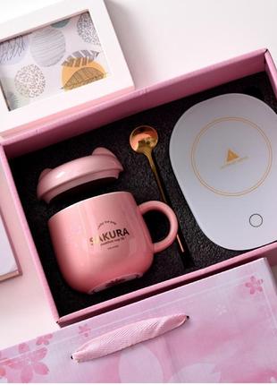 Подарункова керамічна чашка з кришкою ложкою та підставкою - підгрівом tomas sakura тмс-м620 dark pink