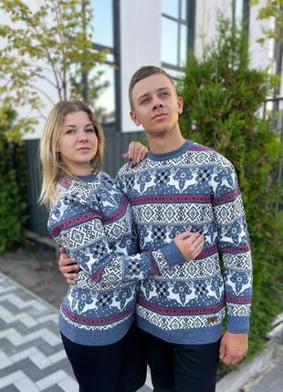 Новорічний светр з оленями чоловічий жіночий колір джинс парні новорічні светри