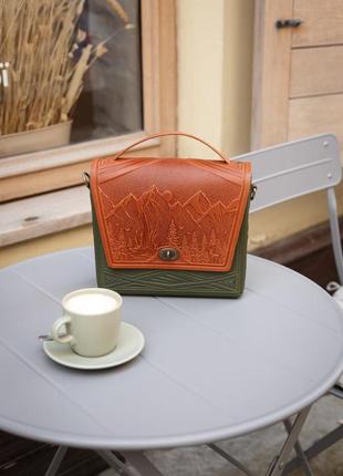 Шкіряна жіноча сумка пейзаж менша рижий з оливковим1 фото