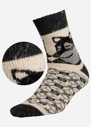Вовняні шкарпетки високі чоловічі м'які теплі на зиму натуральні лео орнамент вовк бежевого кольору