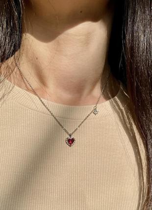 Подвеска рубиновое сердце, кулон с малиновым сердечком,  серебряное покрытие 925 пробы, длина 40+4.5 см7 фото