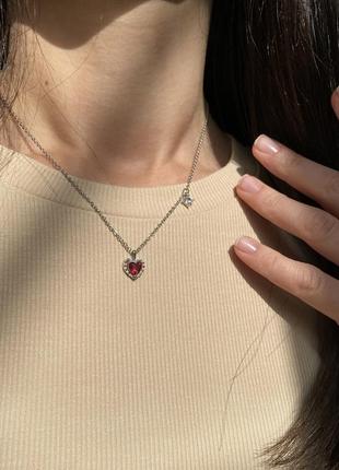 Подвеска рубиновое сердце, кулон с малиновым сердечком,  серебряное покрытие 925 пробы, длина 40+4.5 см3 фото