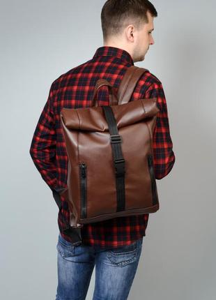 Чоловічий коричневий рюкзак рол, кожзам1 фото
