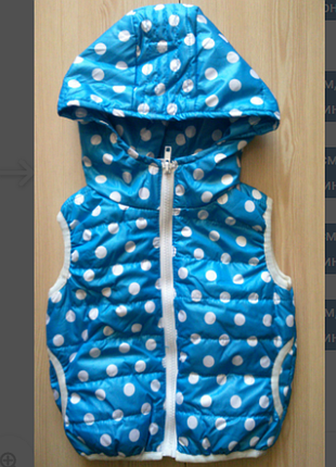 Жилетка для девочки голубая в белый горох с капюшоном 2-5 лет