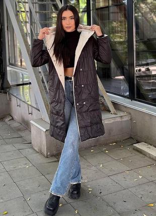 Женское двухстороннее пальто на кнопках плащевка с капюшоном черно-молочное xs-s, m-l, xl-2xl, 3xl-4xl2 фото
