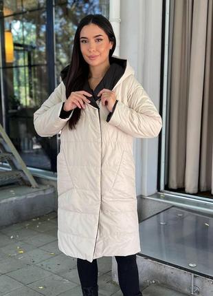 Женское двухстороннее пальто на кнопках плащевка с капюшоном серо-пудровое xs-s, m-l, xl-2xl, 3xl-4xl6 фото