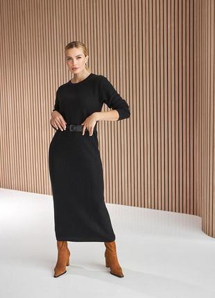 Черное теплое женское вязаное платье для холодной погоды длиной макси 42-52