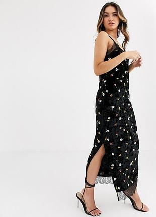 Шикарное платье asos, бархат + вышивка, в цветы, кружевная отделка,