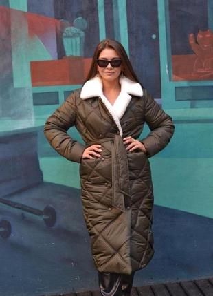 Длинное зимнее пальто воротничок мех с поясом утеплитель силикон4 фото
