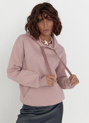 Жіноче тепле худі з кишенею спереду на флісі кофта з капішоном лавандова рожева пудрова пастельний лавандове рожеве пудрове4 фото