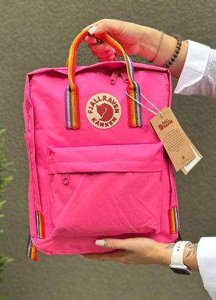 Ярко-розовый рюкзак с радужными ручками kanken classic 16l