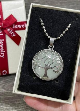 Подарок парню девушке - натуральный камень нефрит в оправе "древо жизни" на цепочке в коробочке