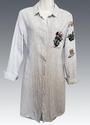 Сорочка подовжена льняна ковбойська сорочка-сукня оверсайз патчі нашивки eur36/us6 р.м
