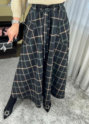 Теплая длинная женская юбка макси в клетку, с карманами, на поясе осень, зима s, m, l, xl8 фото