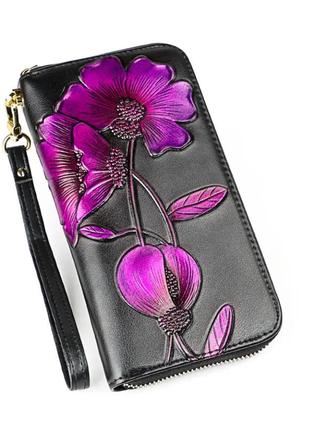 Жіночий гаманець на блискавці з натуральної шкіри з малюнком