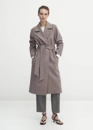 Меланжеве пальто-халат на основі вовни з паском  нове оригінал норкових колір4 фото