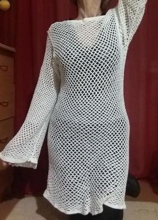 Сукня туніка сіточка біле 46 - 48 розмір оверсайз бавовна міді2 фото