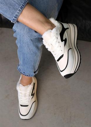 Стильные молочные зимние женские кроссовки с мехом на массивной/ толстой подошве,женская обувь зима 20244 фото