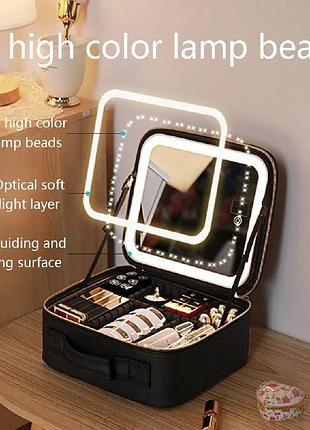 Портативная косметичка кожаная с зеркальцем со светодиодной led подсветкой.