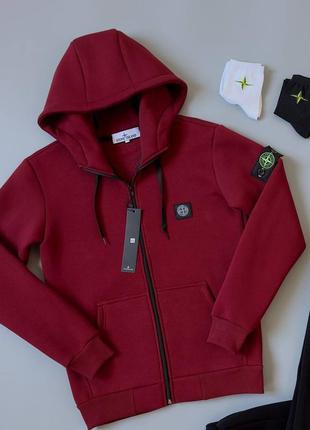 Мужская кофта теплая бордовая худи stone island2 фото