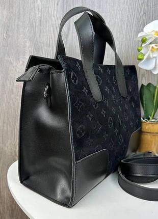 Женская сумка с тиснением черная, сумочка на плечо из натуральной замши3 фото