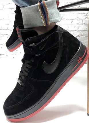 Чоловічі зимові шкіряні кросівки nike air force 1 winter(чорні з червоним)(41-45)