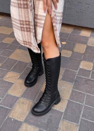 Жіночі високі черевики еко шкіра демісезон чорного кольору весна осінь осінні черные высокие сапоги ботинки берцы с замком7 фото