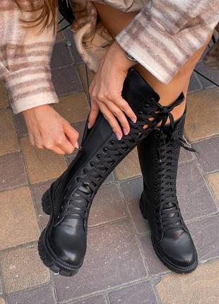Жіночі високі черевики еко шкіра демісезон чорного кольору весна осінь осінні черные высокие сапоги ботинки берцы с замком2 фото