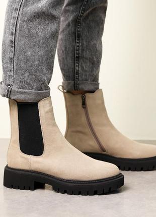 Трендові жіночі бежеві челсі,черевики демісезонні,осінні,весняні,замшеві/замша-жіноче взуття осінь