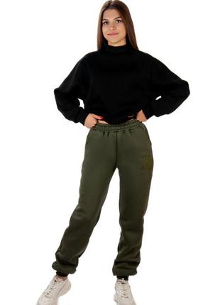 6цветов🌈теплые зимние брюки на флисе с вышивкой, женские теплые спортивные штаны хаки, черные, томное зимнее спортивное штаны на флисе женкки6 фото