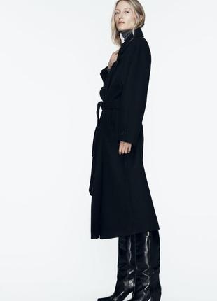 Базове стильне пальто зара zara з паском поясом в складі вовна з вовною2 фото