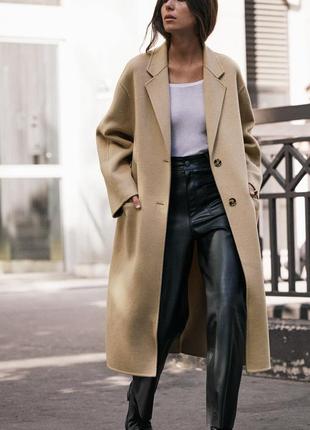 Пальто зара zara с шерстью шерсть цвета кэмэл
