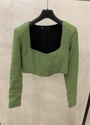 Кроп топ піджак zara зелений жіночий гусячі лапки твідовий5 фото