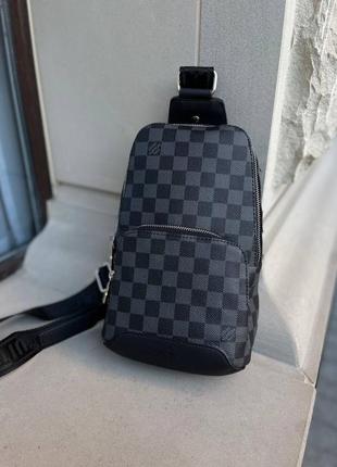 Сумка бананка барсетка у стилі louis vuitton avenue sling chess black grey