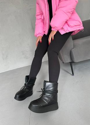 Ботинки женские дутые кожаные зимние, натуральная кожа, на меху, дутики, черные5 фото