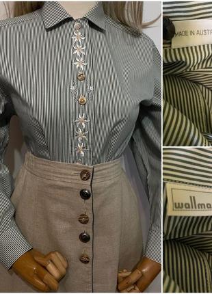 Австрия винтажная рубашка блуза в полоску полоску цветочная вышивка на планке эдельвейсы в этно стиле 100% хлопок