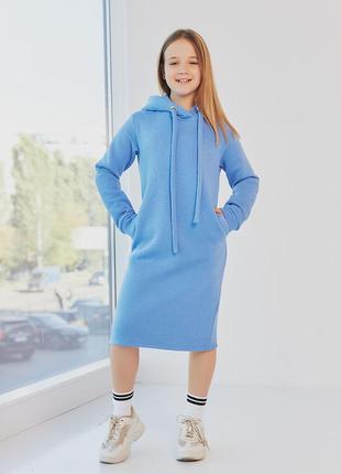 Платье - худи детское теплое с капюшоном из  турецкой ткани на хлопковой основе на флисе, голубое2 фото
