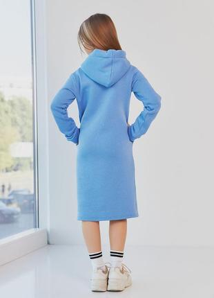Платье - худи детское теплое с капюшоном из  турецкой ткани на хлопковой основе на флисе, голубое5 фото