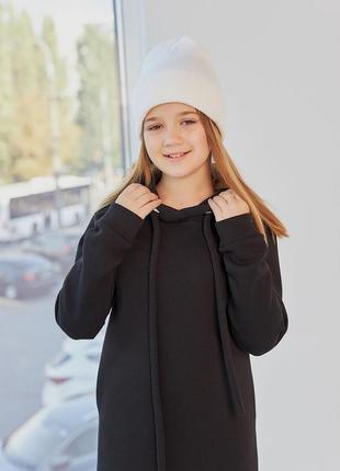 Платье - худи детское теплое с капюшоном из турецкой ткани на хлопковой основе на флисе, черное4 фото