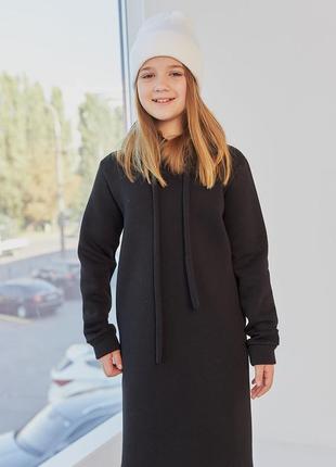 Платье - худи детское теплое с капюшоном из турецкой ткани на хлопковой основе на флисе, черное5 фото