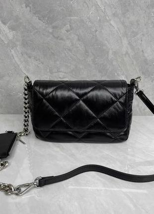 Женская кожаная черная стеганая сумка8 фото