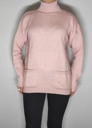 Cвитер вязаный женский тёплый цвет пудра over size свободного фасона со стойким воротником и карманами4 фото