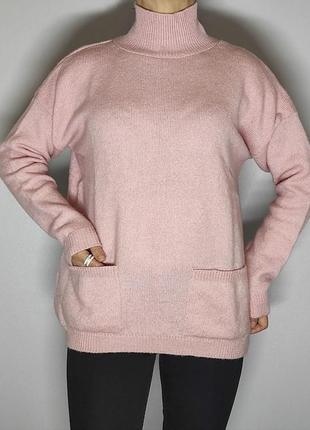 Cвитер вязаный женский тёплый цвет пудра over size свободного фасона со стойким воротником и карманами2 фото