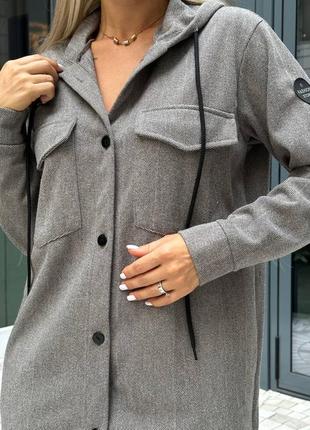 Кашемировый кардиган удлиненная рубашка с капюшоном бежевый серый в принт ёлочка туника платье лёгкое пальто эко кашемир4 фото