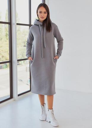 Плаття-худі тепле з турецької тканини на флісі бавовняне, з капюшоном, однотонне сіре2 фото