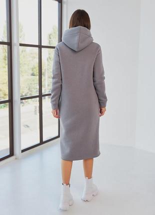 Плаття-худі тепле з турецької тканини на флісі бавовняне, з капюшоном, однотонне сіре4 фото